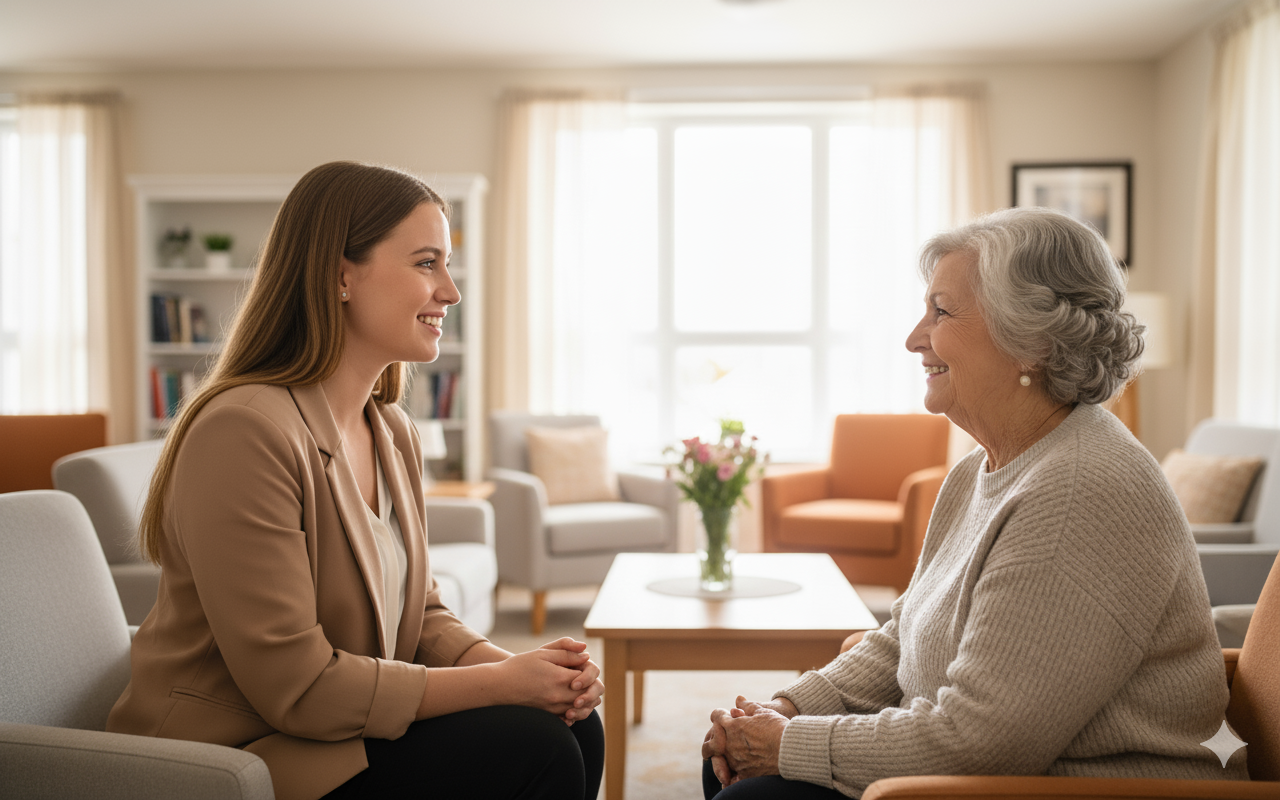 Conseillère accompagnant une personne âgée avec empathie